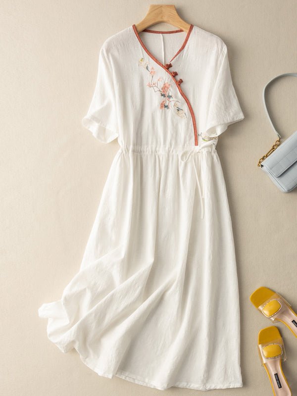 Floral Embroidery Frog Button Crossover V-Neck Tie Waist Midi Dress - View 5