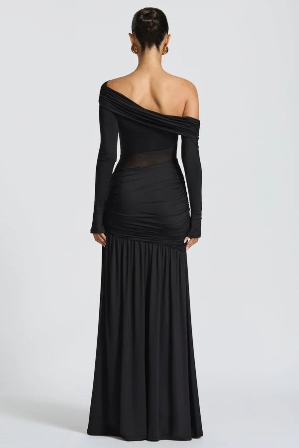 Off Shoulder Long Sleeve Ruched High Split Mermaid Gown in Black - View 5