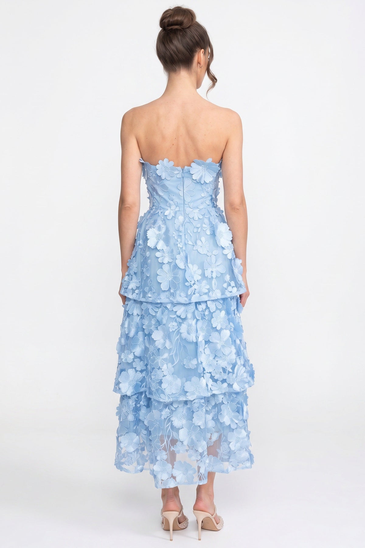 3D Floral Applique Strapless Tiered Mesh Midi Dress - View 4