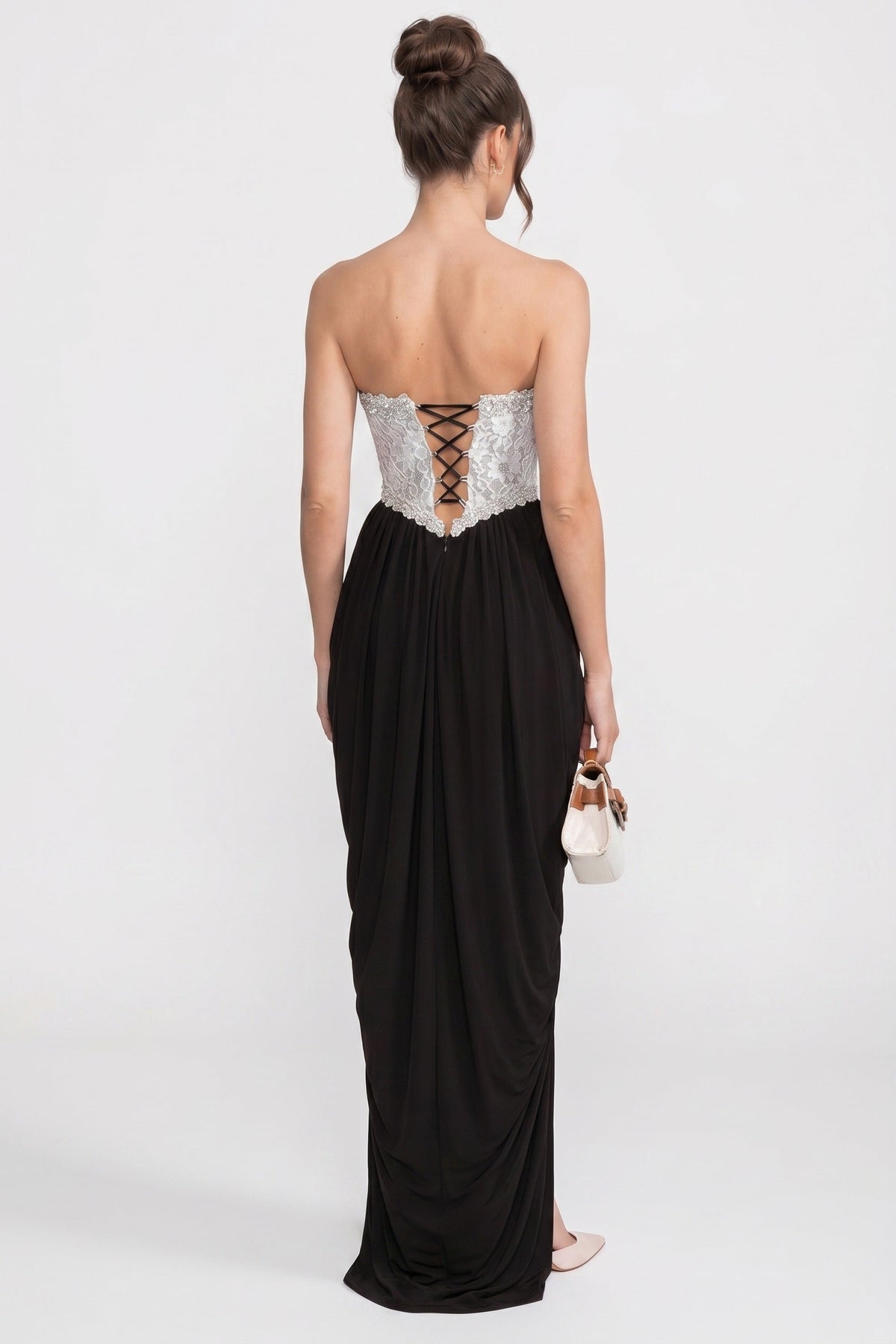 Strapless Beaded Lace Bodice Draped High Split Maxi Gown 6