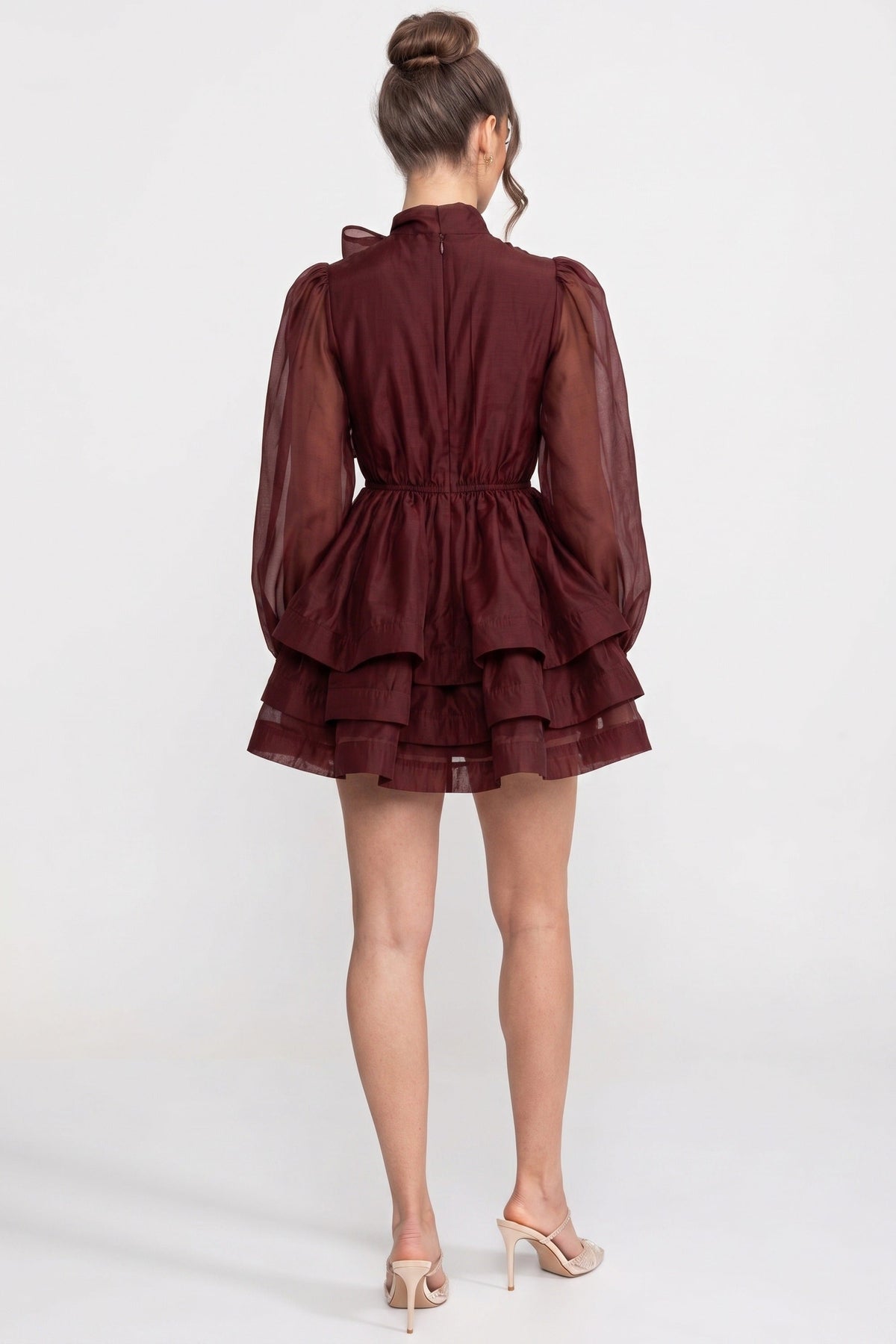 High-Neck Puff-Sleeve Mini Dress - Wine - View 7