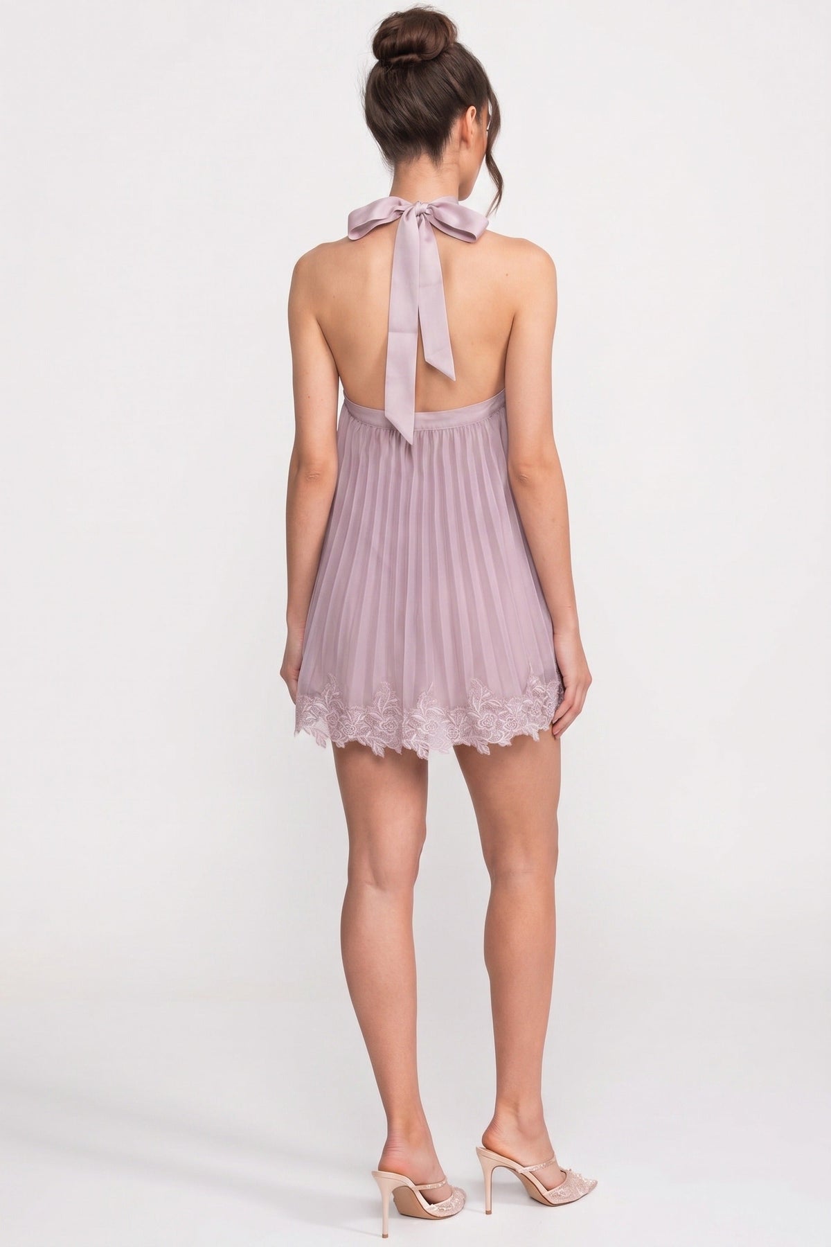 Halter Neck Chiffon Mini Dress With Lace Hem - Pink - View 6