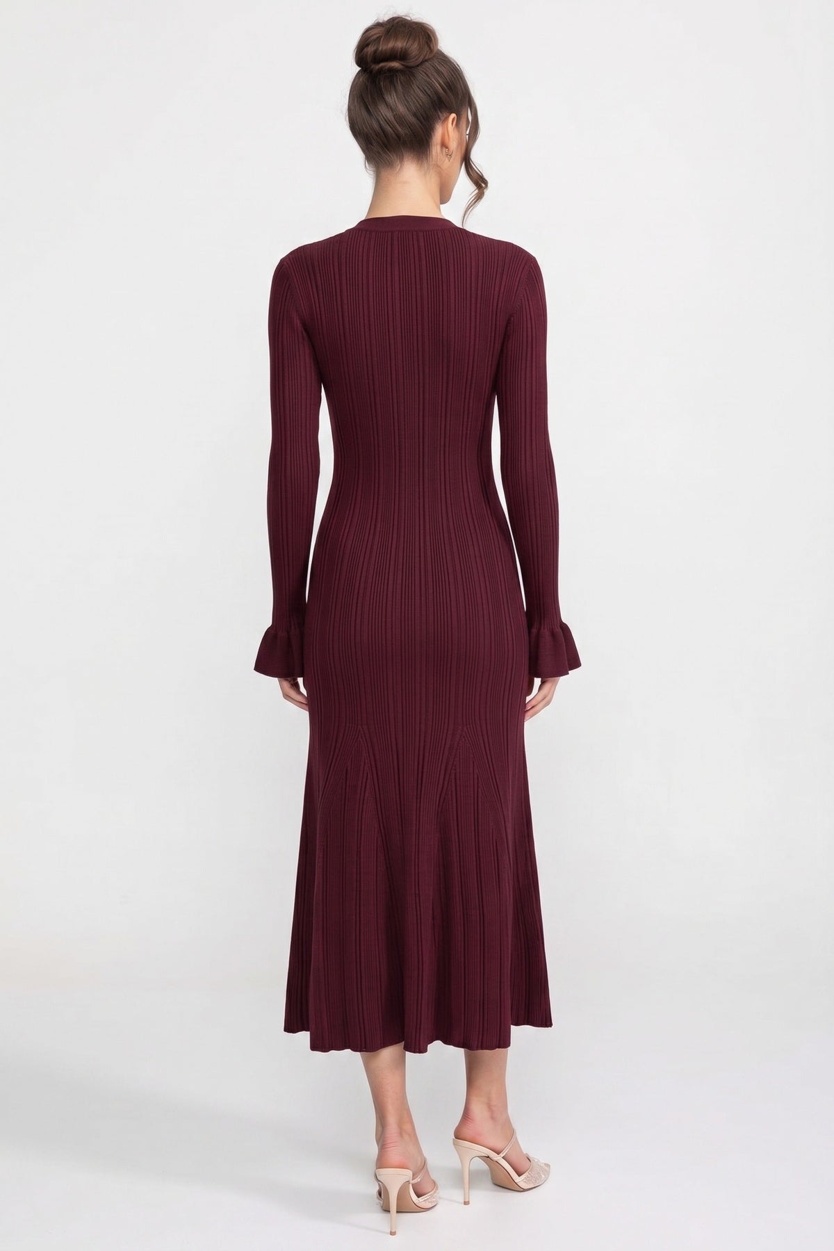 V-Neck Button-Front Ribbed Knit Maxi Dress - Burgundy - View 6