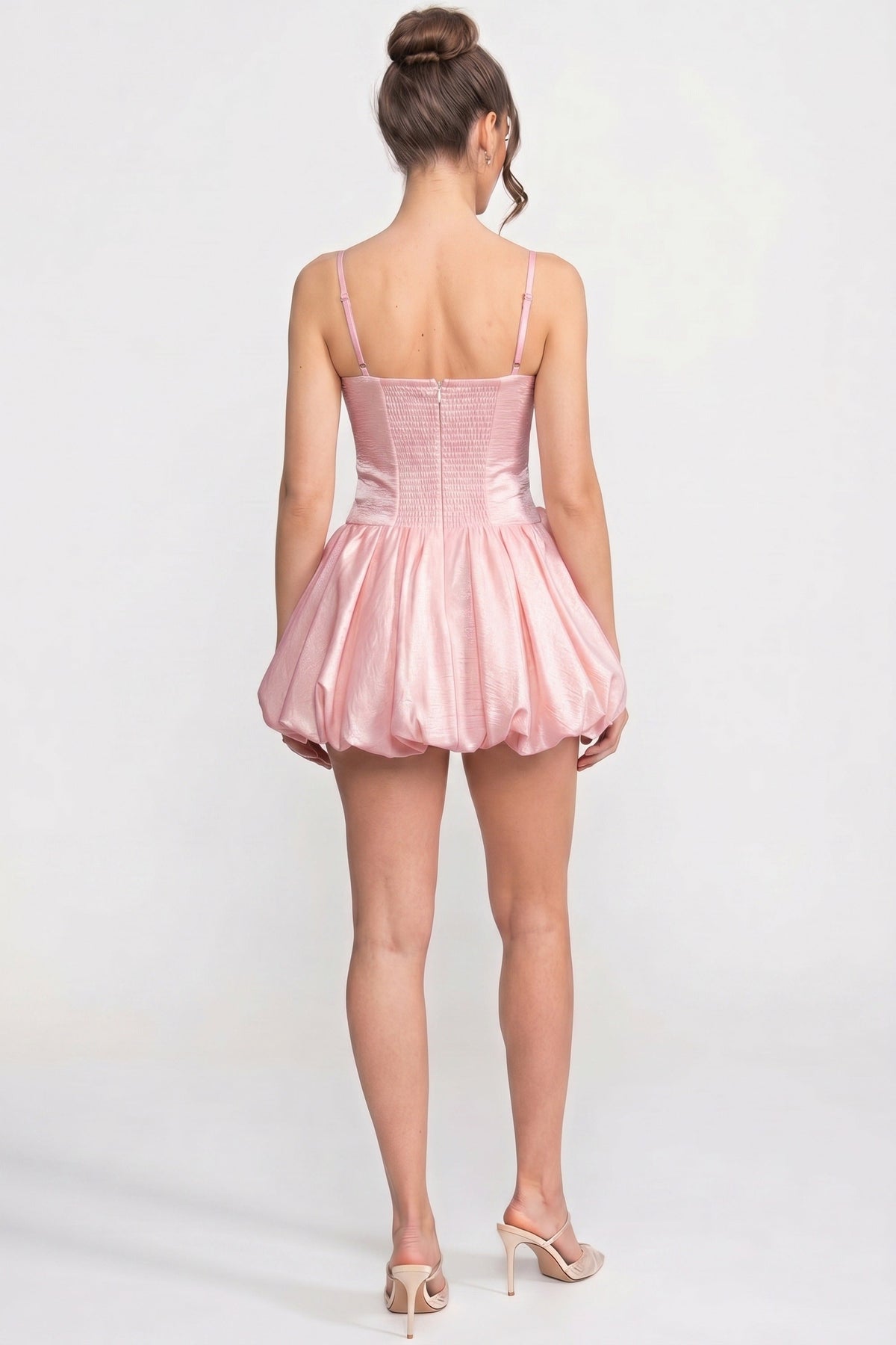 Spaghetti-Strap Velvet Mini Dress With 3D Rose Skirt - Pink - View 5