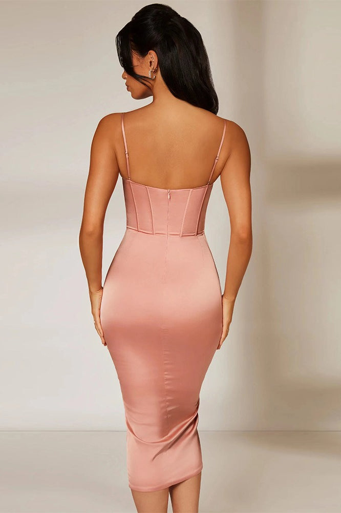 Satin Spaghetti Strap Corset Ruched Wrap Midi Dress - View 2
