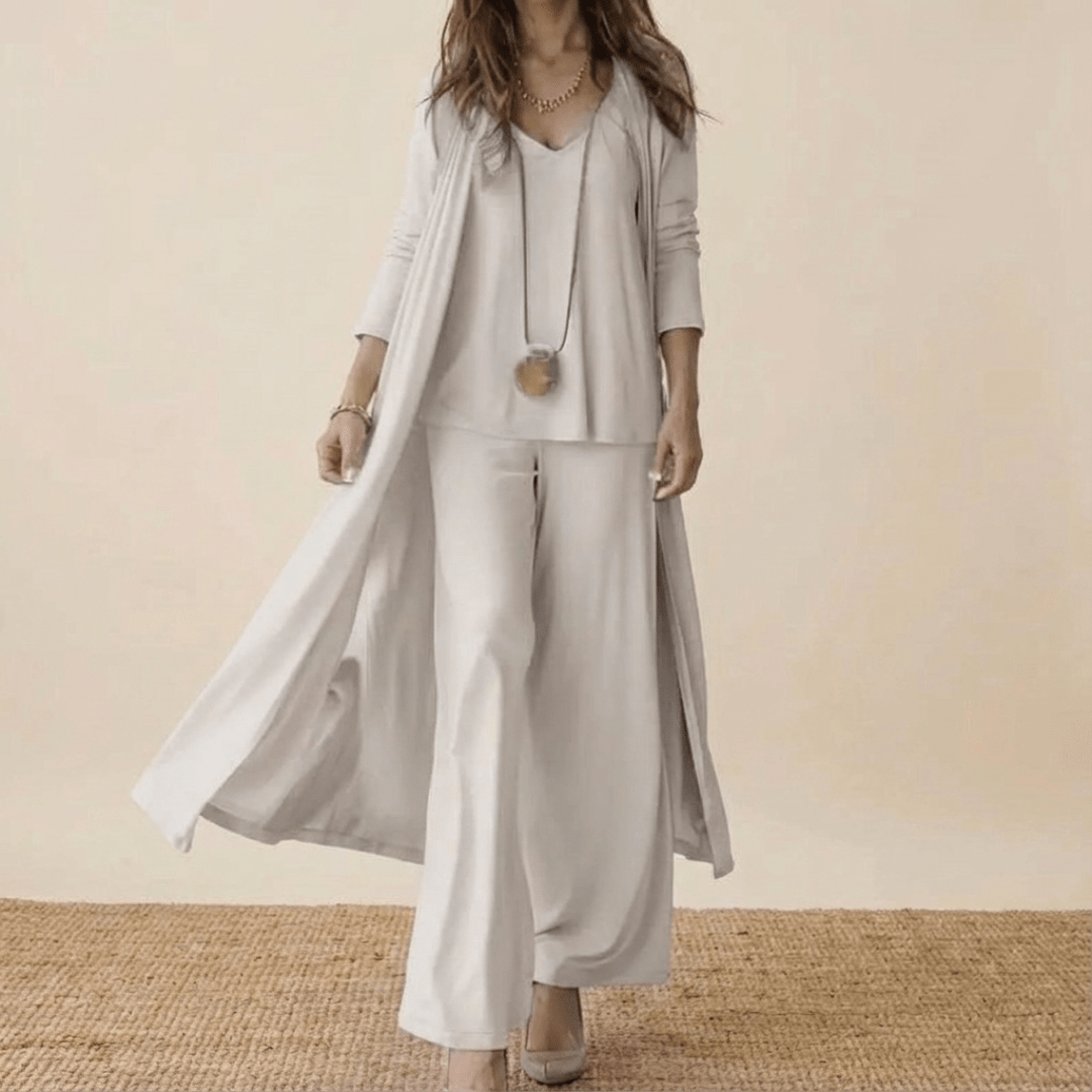 Long Duster Cami Top and Wide Leg Pants Three Piece Set 3