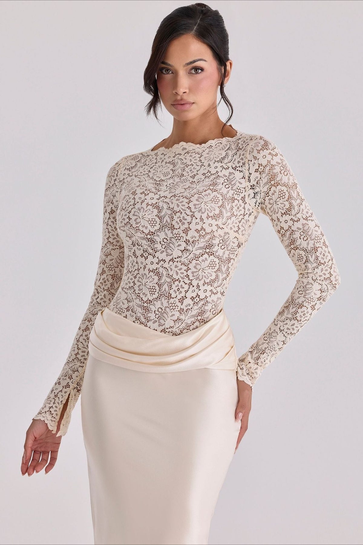 Lace Sheer Mesh Ruched Satin Maxi Dress