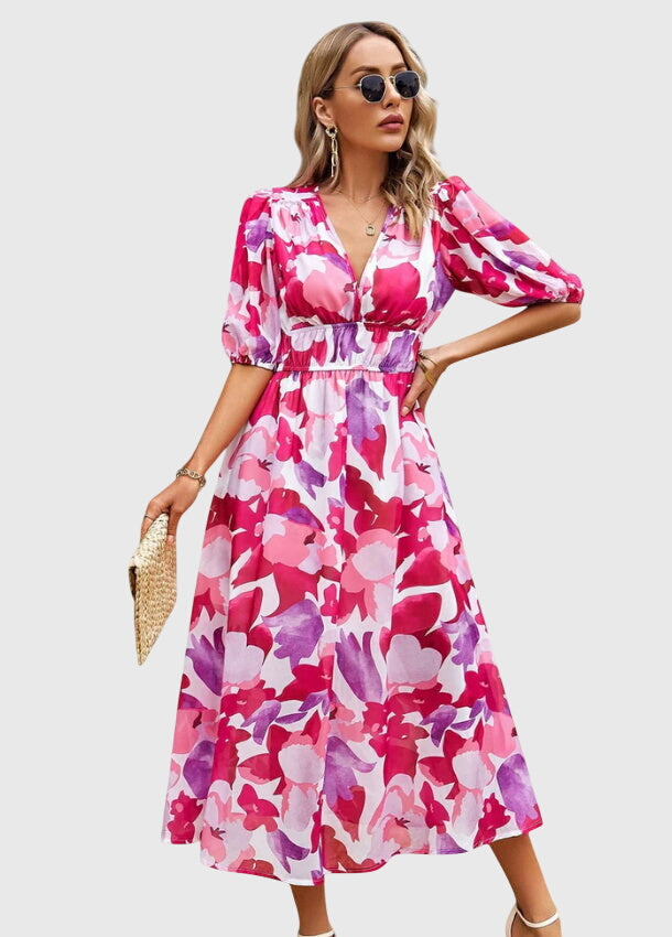 Floral Print Deep V-Neck Puff Sleeve High Waist Maxi Dress 15