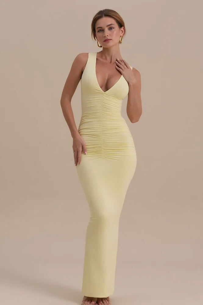 V-Neck Sleeveless Ruched Bodycon Maxi Dress - View 2