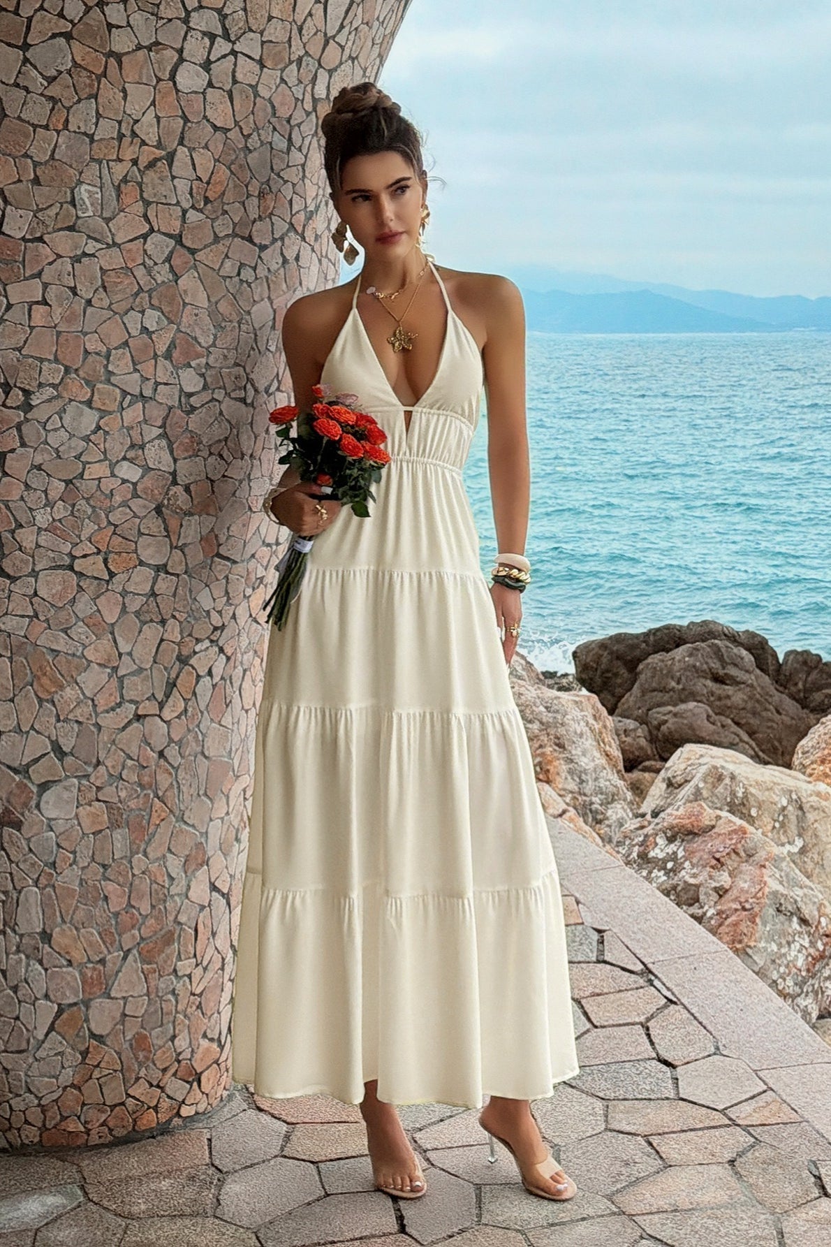 Halter Neck Deep V-Neck Backless Tiered Maxi Dress 4