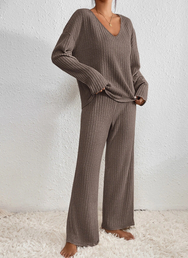 Ribbed Knit V-Neck Long Sleeve Top and Wide Leg Pants Two Piece Set 4