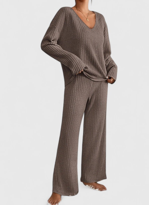 V-Neck Long Sleeve Ribbed Knit Top and Wide Leg Pants Two Piece Set 3