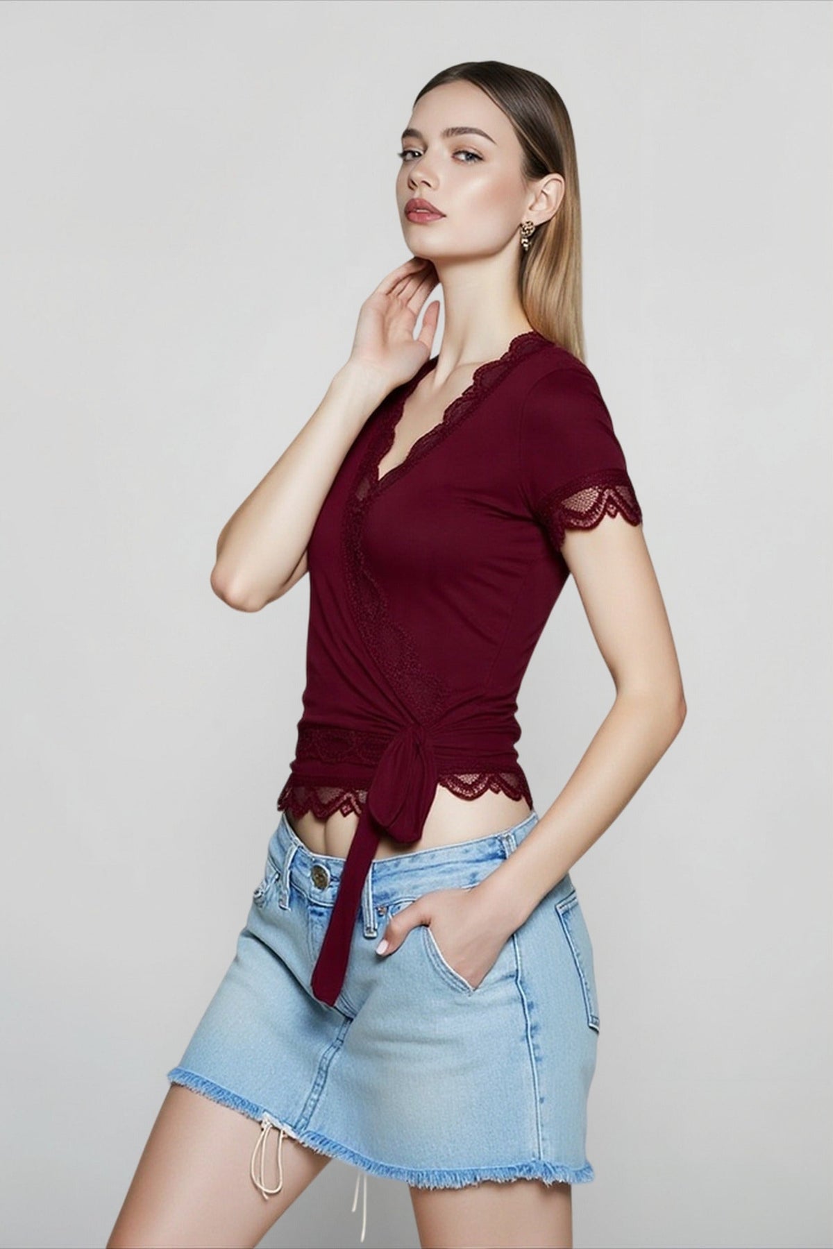 V-Neck Lace Trim Short Sleeve Wrap Top 5
