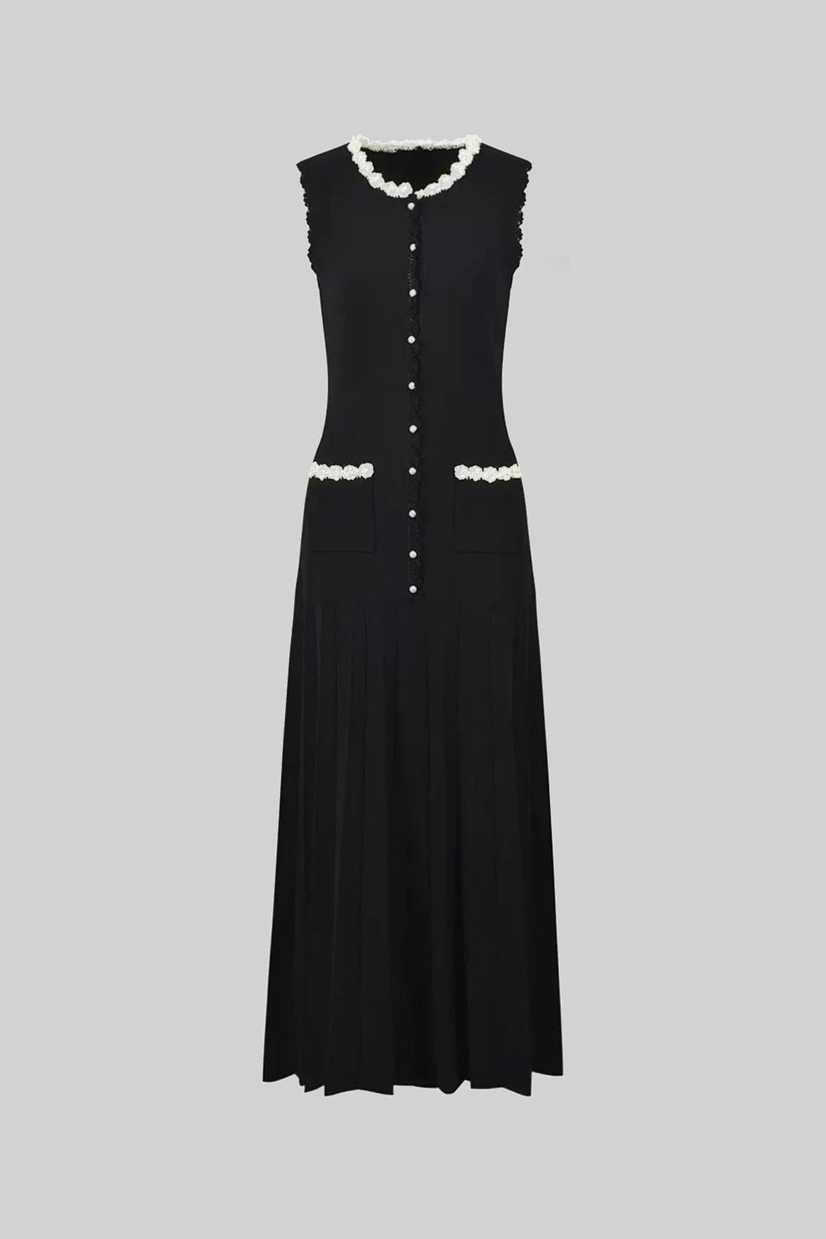 Sleeveless Scalloped Lace Collar Pearl Button Pleated Midi Dress - View 7