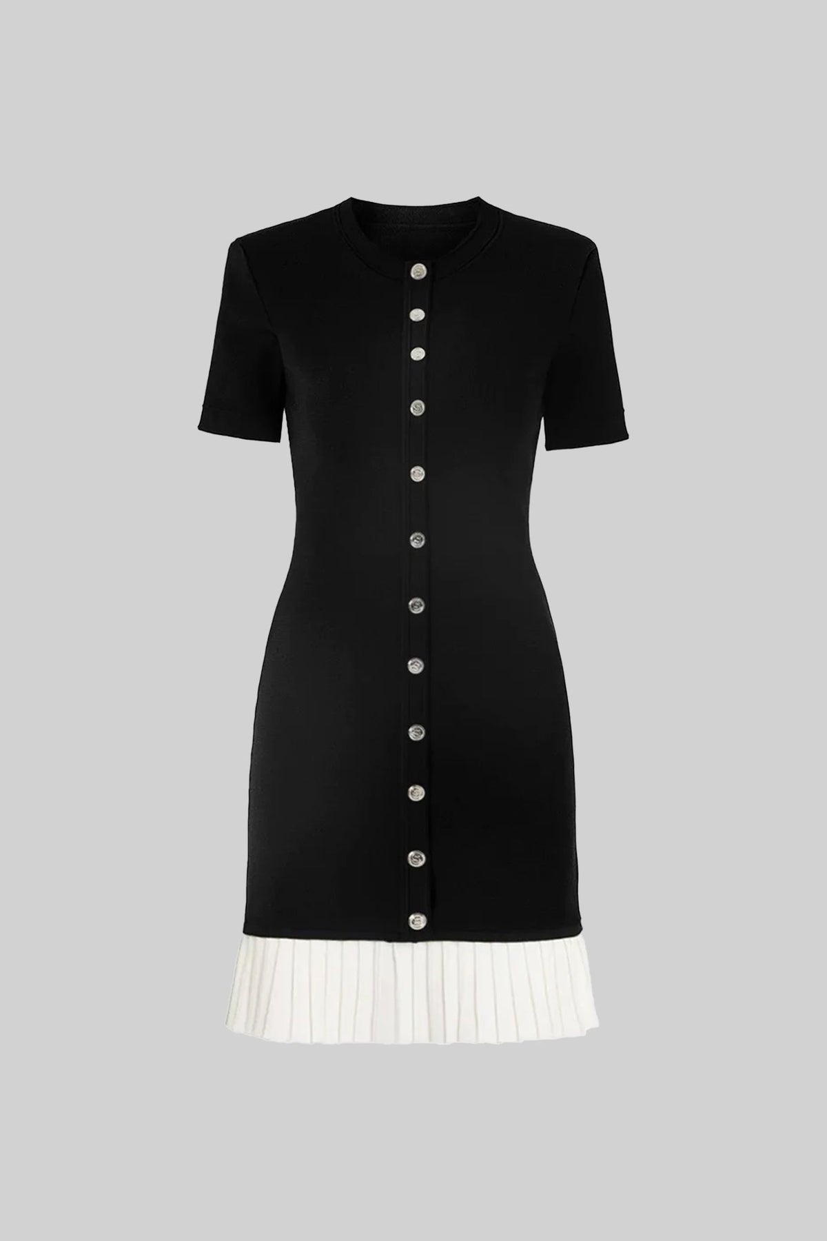 Ribbed Knit Short Sleeve Button Front Contrast Pleated Mini Dress - View 4