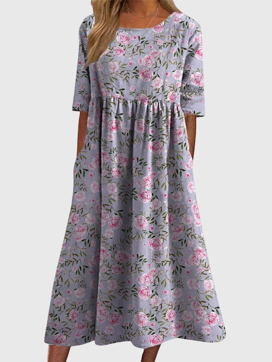 Floral Print Round Neck Short Sleeve Pocket Midi Dress 6