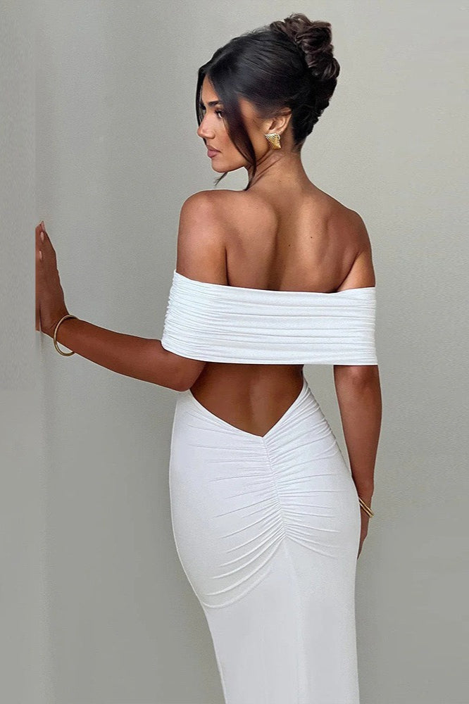 Solid Off Shoulder Ruched Formal Dress S / White