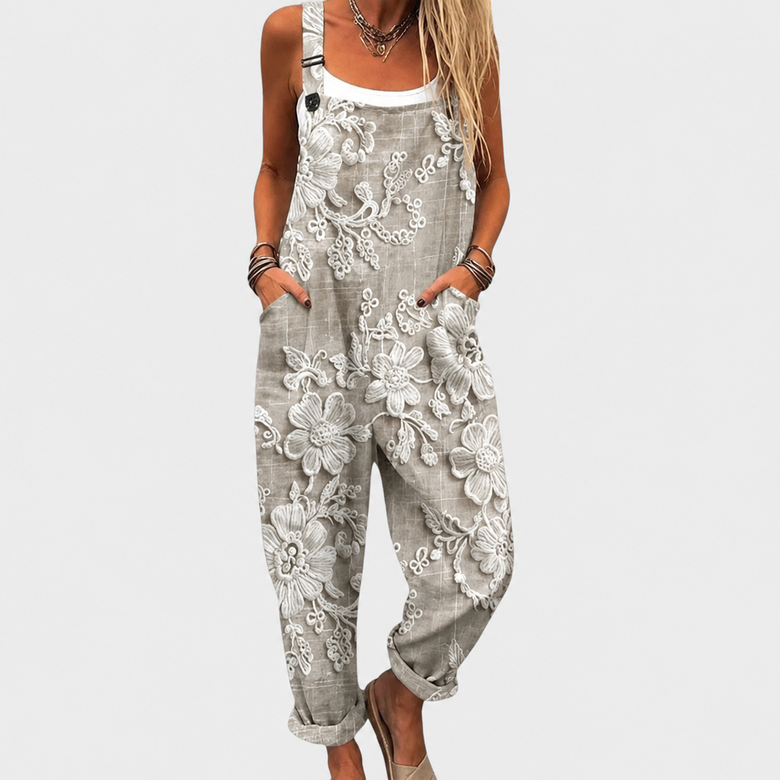 Floral Bib Pocket Wide Leg Overall Jumpsuit