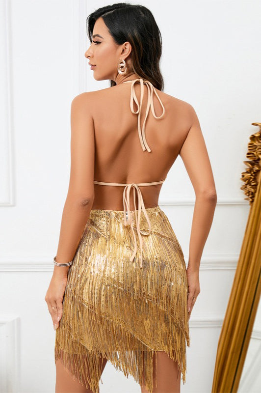Sequin V-Neck Halter Fringe Tassel Bodycon Mini Party Dress - View 4