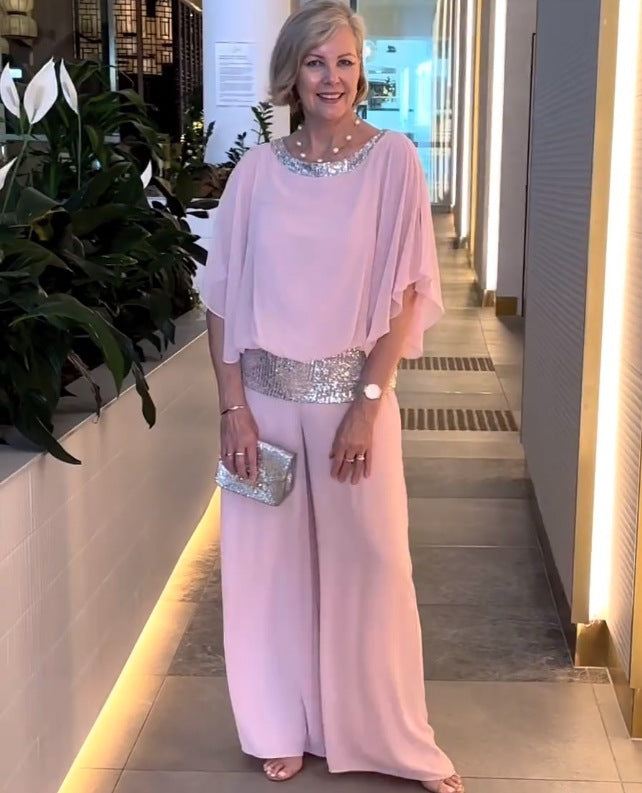Sequin Trim Chiffon Overlay Top and Wide Leg Pants Two Piece Set