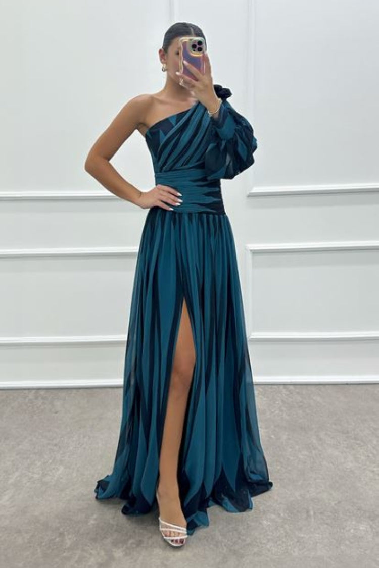 One Shoulder Puff Sleeve Ruched Waist Pleated High Split Maxi Gown - View 7
