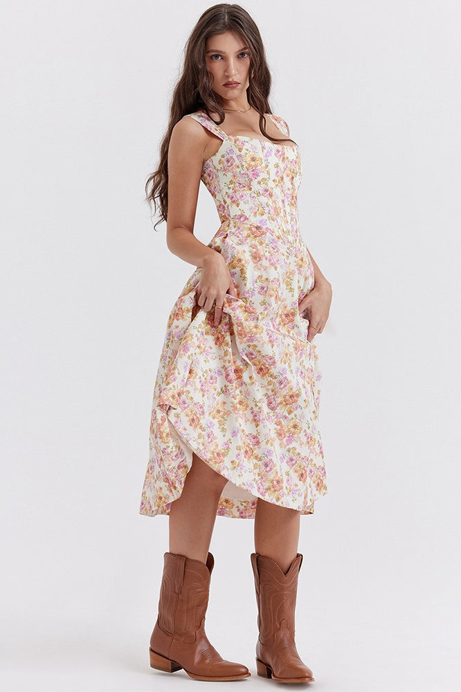 Floral Print Sweetheart Corset A-Line Midi Dress - View 2
