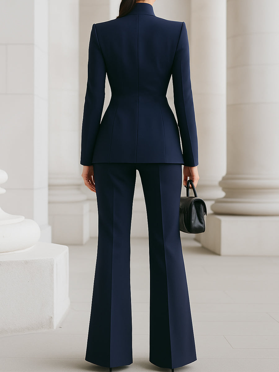 Stand Collar Single Button Blazer and Wide Leg Pants Two Piece Set 3