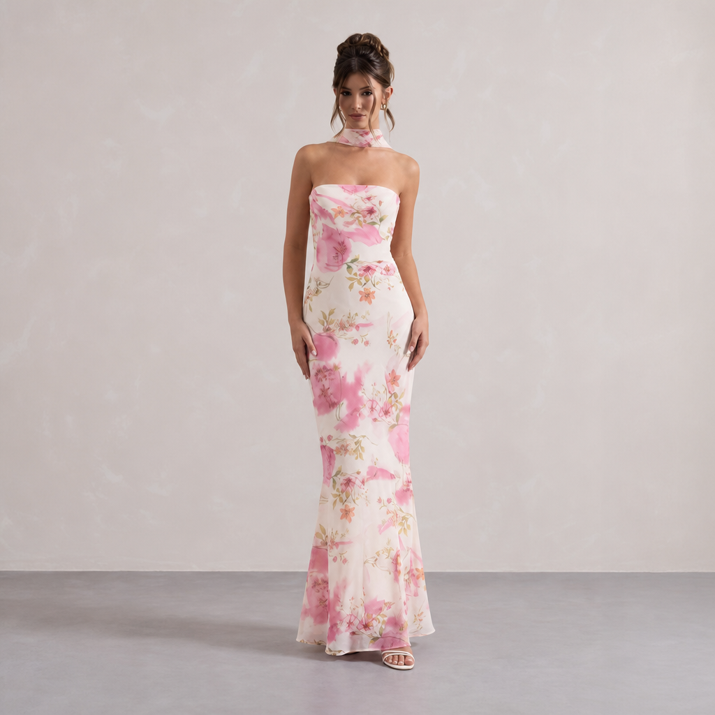 Strapless Floral Print Scarf Neck Mermaid Maxi Dress