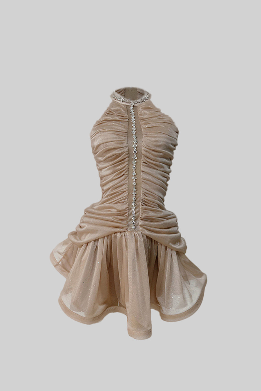 Mesh Halter Neck Rhinestone Collar Ruched Pleated Bubble Mini Dress - View 2