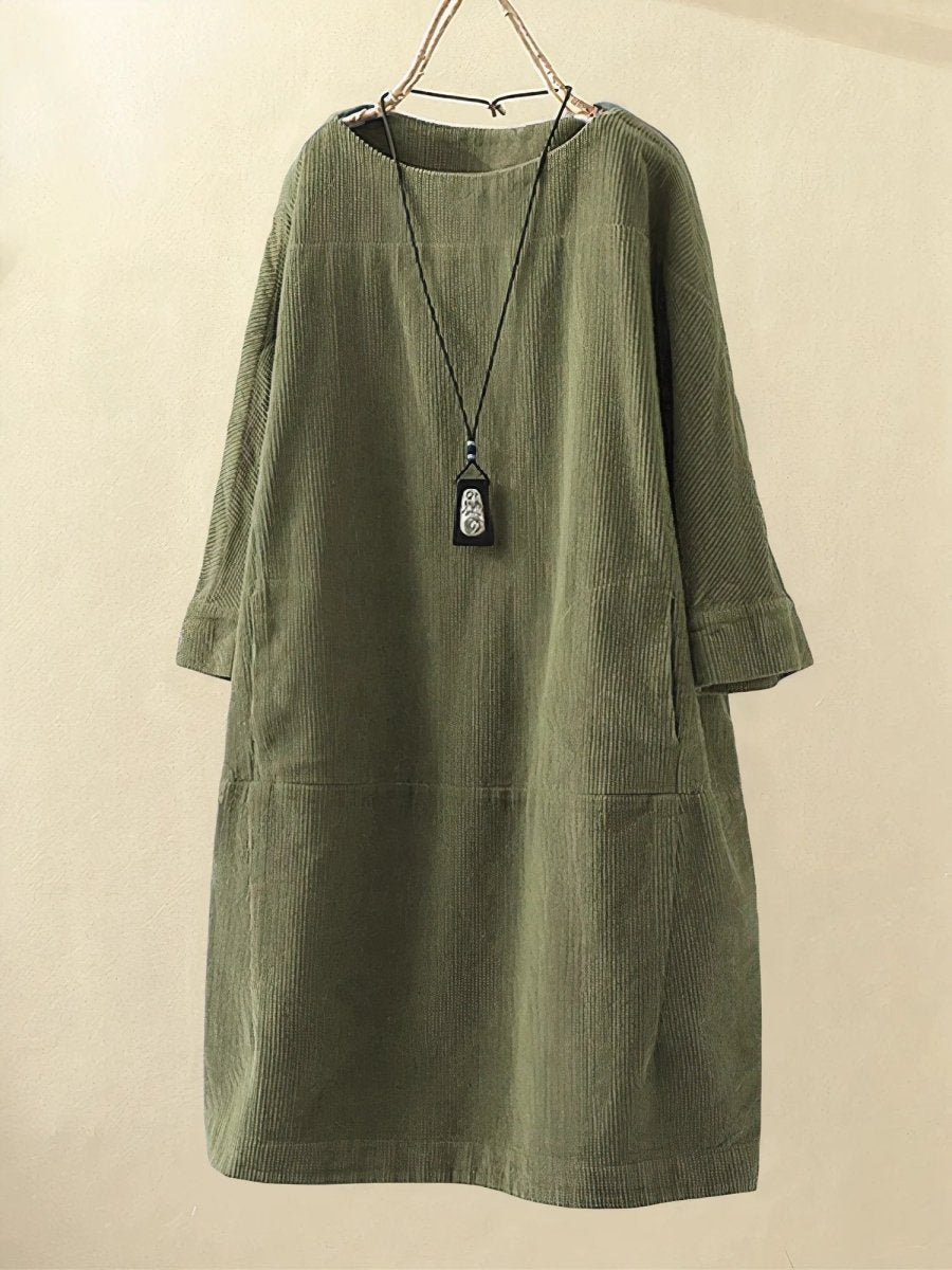 Boat Neck Half Sleeve Corduroy Shift Midi Dress 2