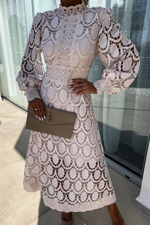 Guipure Lace Oval Cutout Mock Neck A-Line Midi Dress - View 3
