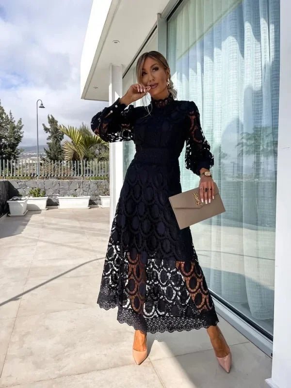 Guipure Lace Oval Cutout Mock Neck A-Line Midi Dress - View 11