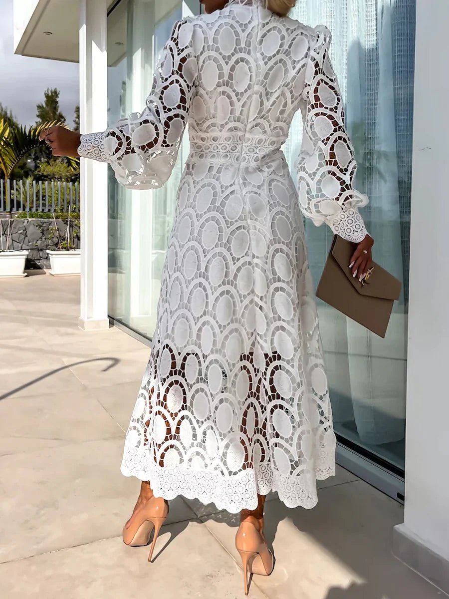 Guipure Lace Oval Cutout Mock Neck A-Line Midi Dress - View 8