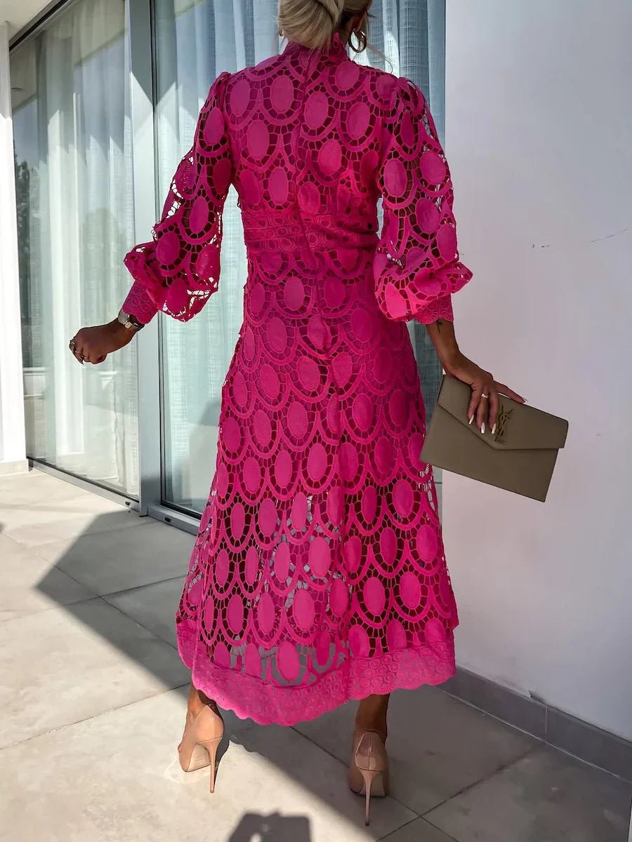 Guipure Lace Oval Cutout Mock Neck A-Line Midi Dress - View 10