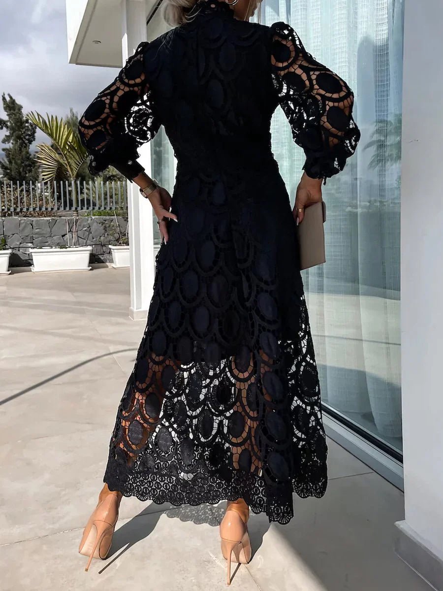 Guipure Lace Oval Cutout Mock Neck A-Line Midi Dress - View 9