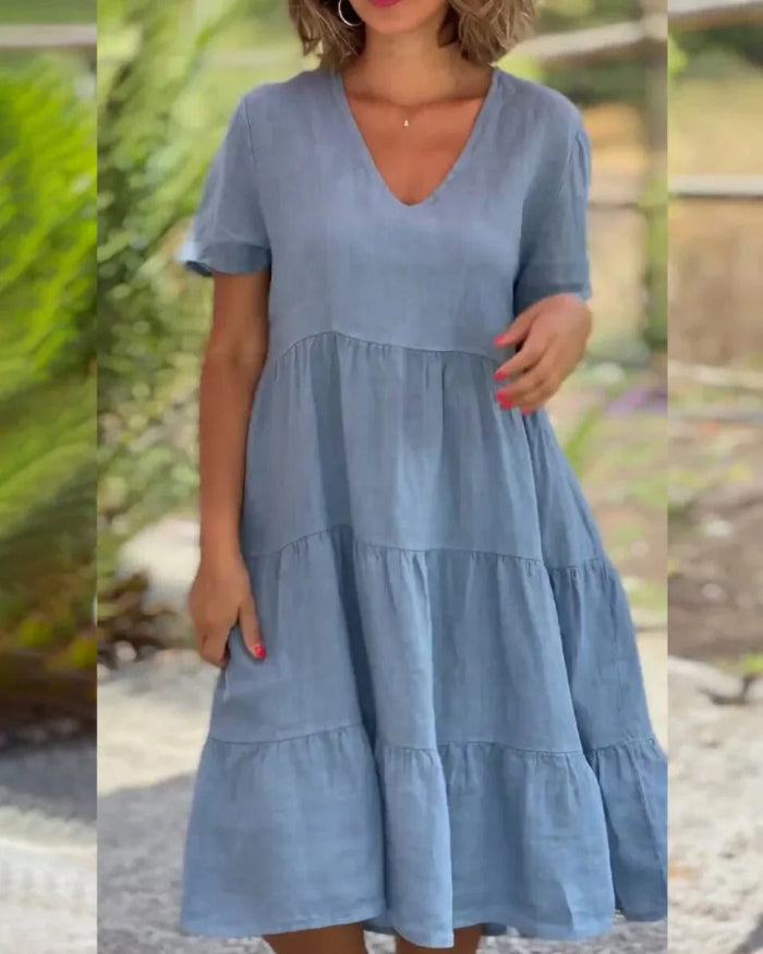 V-Neck Short Sleeve Tiered Linen Look Summer Midi Dress - View 2