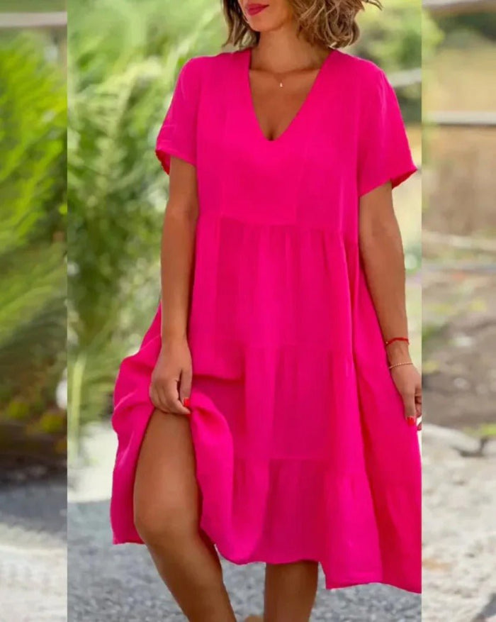 V-Neck Short Sleeve Tiered Linen Look Summer Midi Dress - View 3