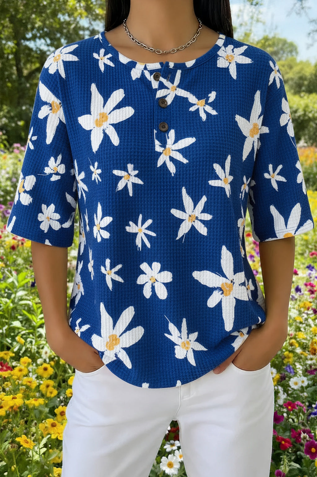 Daisy Floral Print Waffle Knit Short Sleeve Henley Top