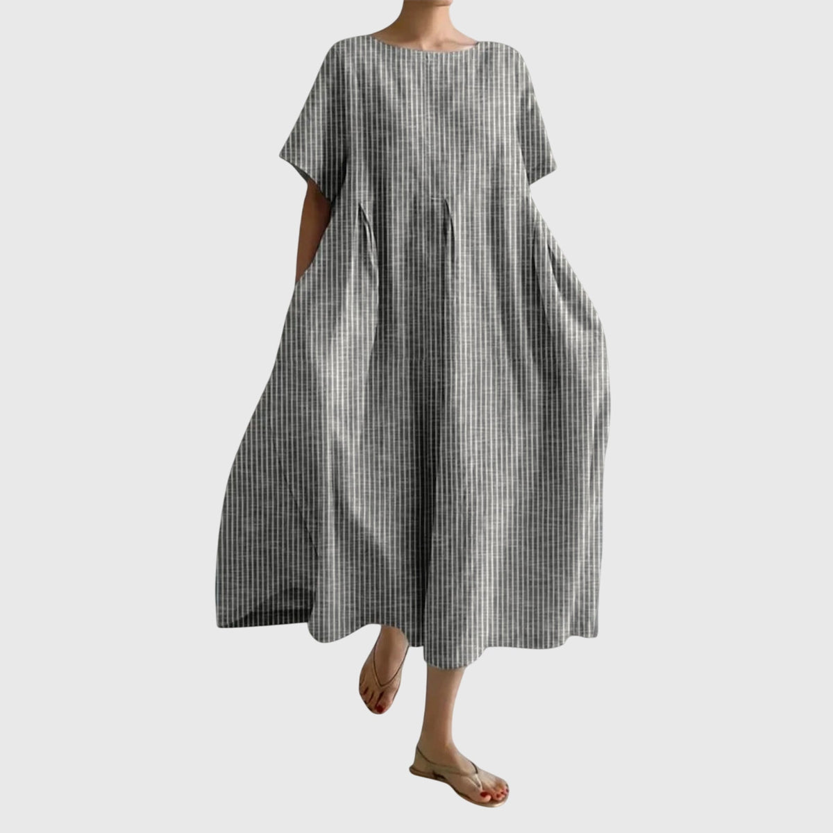 Striped Round Neck Short Sleeve Pleated Maxi Dress 4
