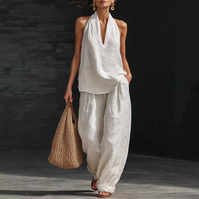 Halter Deep V-Neck Top and Wide Leg Pants Two Piece Set 6