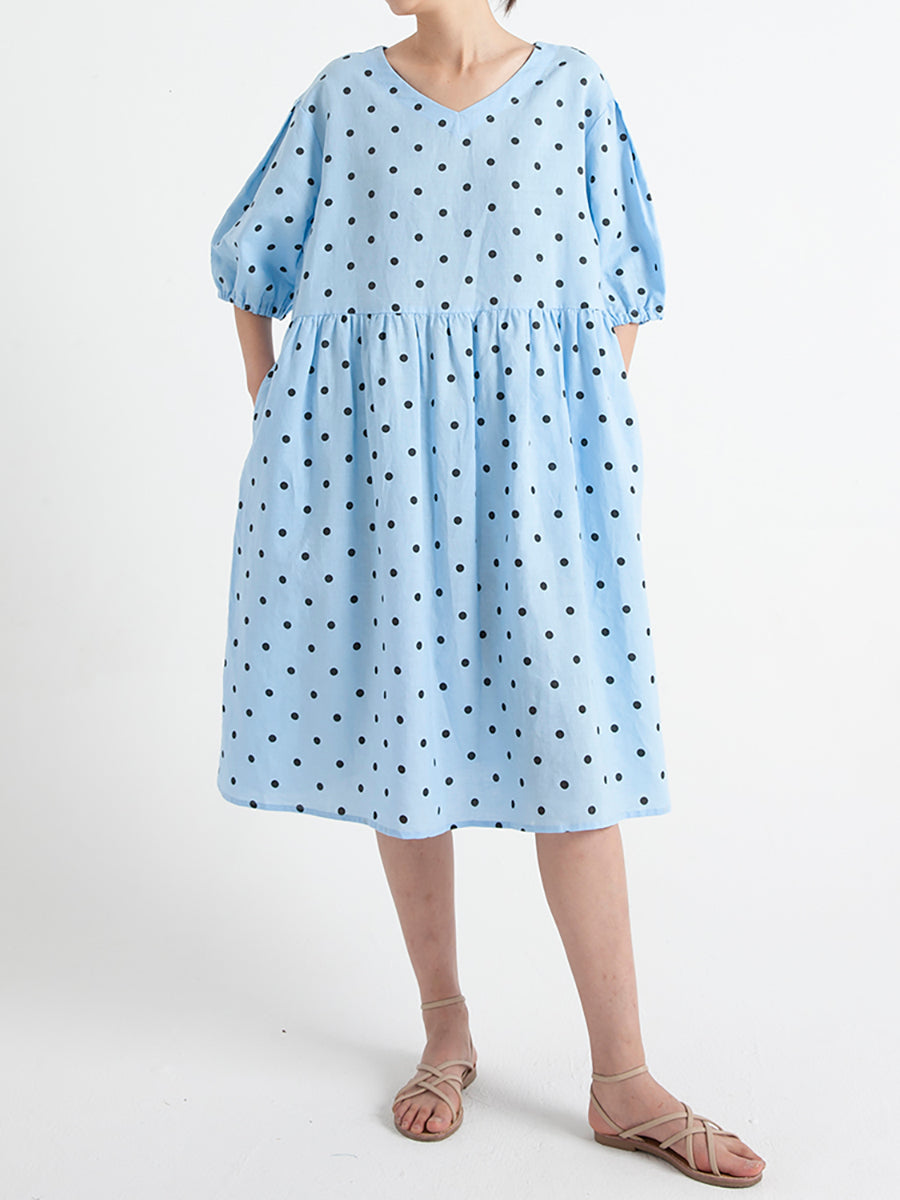 Polka Dot V-Neck Puff Sleeve Empire Waist Midi Dress - View 2