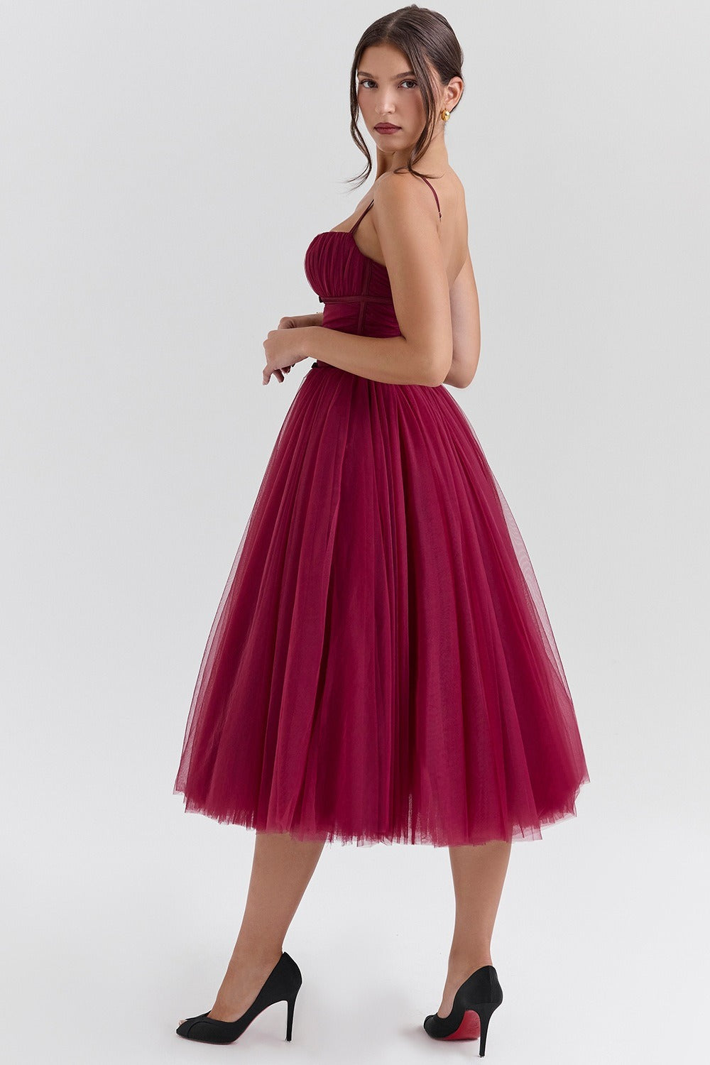 Tulle Sweetheart Spaghetti Strap Corset Fit and Flare Midi Dress - View 18