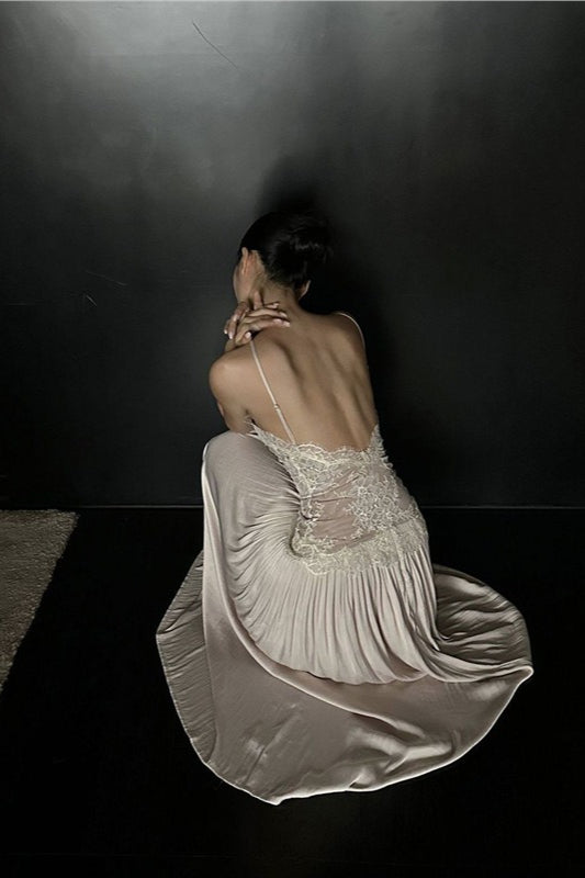 Halter Neck Lace Insert Backless Satin Maxi Dress - View 3