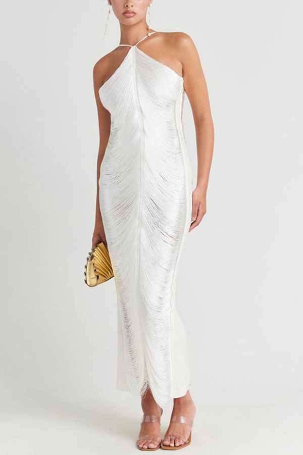 Sexy Allnight Metallic Halterneck Backless Fringed Slit Maxi Dress - View 3