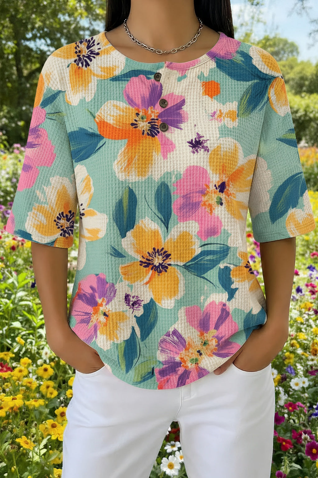 Tropical Floral Waffle Knit Henley Short Sleeve Top