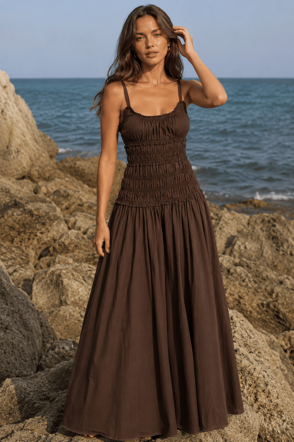 Ruffle Trim Shirred Bodice Tiered Cotton Maxi Dress 4
