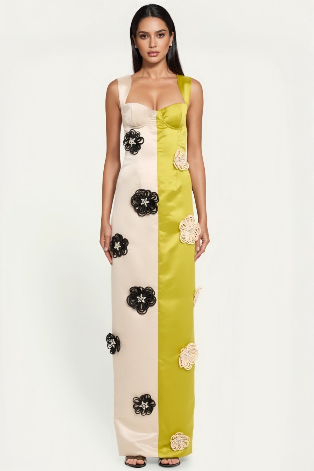 Corded Floral Appliqué Sweetheart Corset Column Bandage Maxi Gown