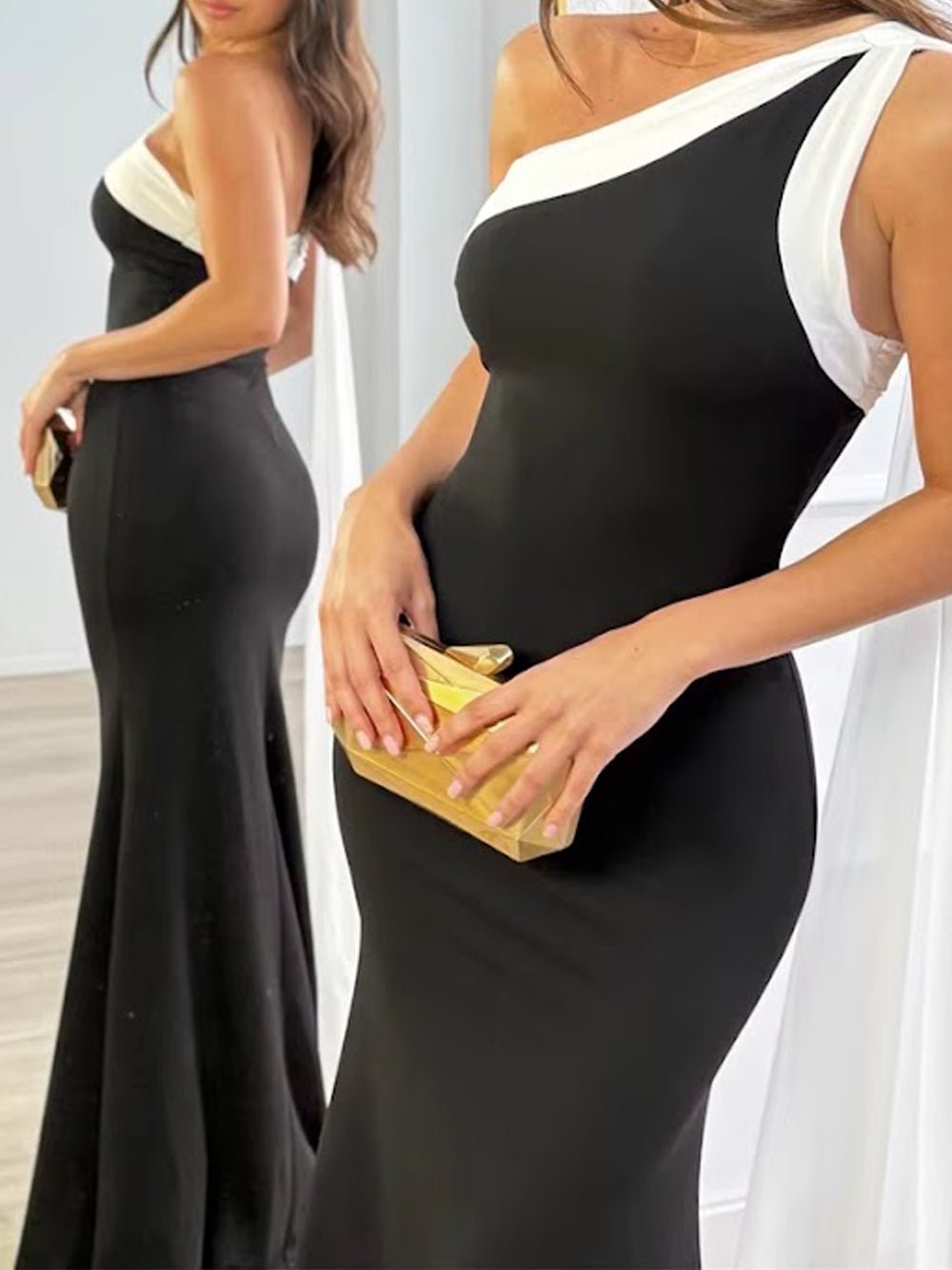 One Shoulder Draped Ruched Mermaid Maxi Evening Gown - View 3