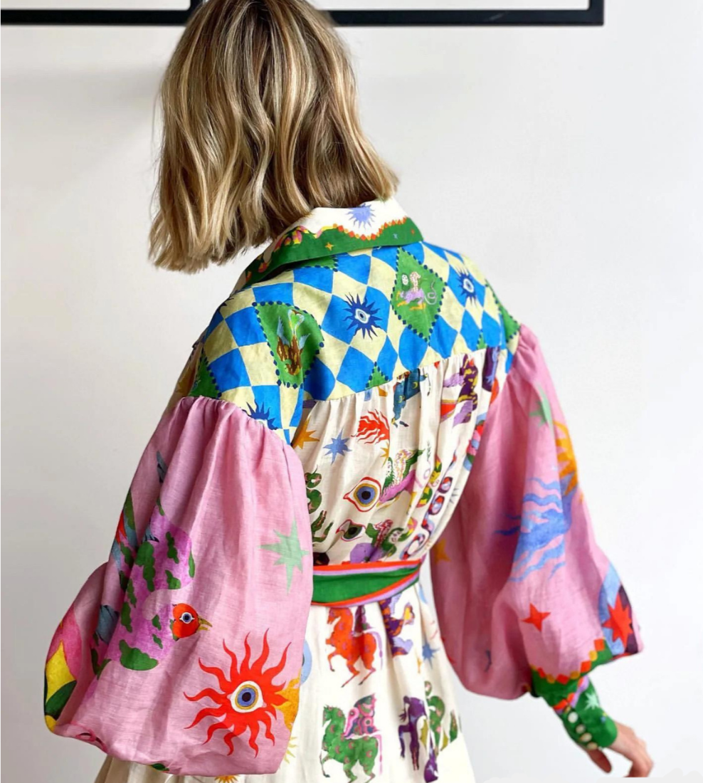 Balloon Sleeve Button Front Belted Eclectic Print Maxi Shirt Dress - View 3