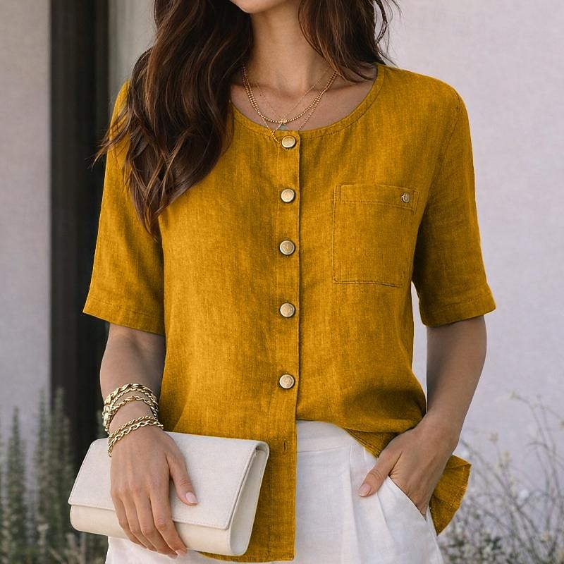 Round Neck Short Sleeve Button Front Blouse 7